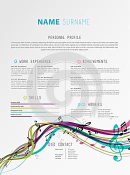 Creative simple CV template with colorful music tunes and lines.