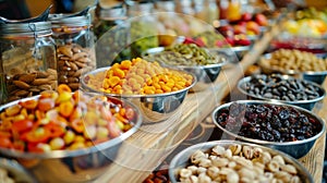 A creative smoothie topping bar with options such as nuts seeds and dried fruits