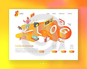 Creative Social Media Isometric Concept Landing page template. Video Blogging Content Marketing with Man Vlogger