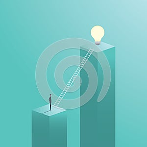 Creative solution business vector concept with businessman climbing on ladder to a light bulb.