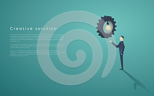 Creative solution presentation with lightbulb, gears and a business man. Creativity concept vector background, space for