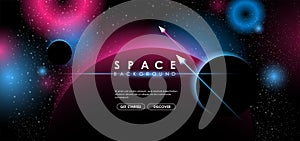 Creative space background with abstract shape and planets. Colorful space poster with text template. Vector infinite Galaxy