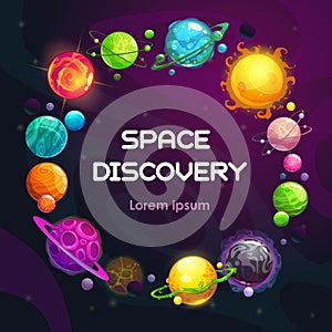 Creative space background with cartoon colorful fantasy planets. Astronomy concept background.