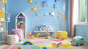 Creative space for young minds: 3D children's room with bright furniture, educational toys, and playful decor. 3d