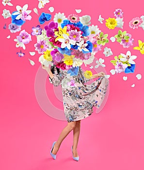 Creative spring composition. Dancing girl and flowers splash