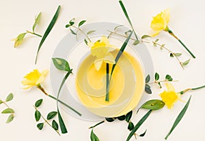 Creative spring concept ideas made of fresh yellow flowers and pastel plate bowl decoration isolated on white background .Flat lay