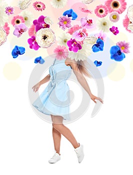Creative spring composition. Dancing girl and flowers splash