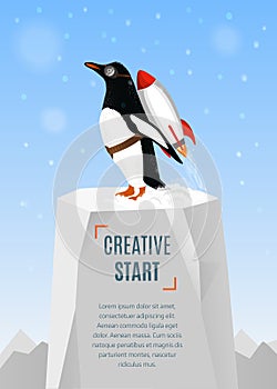 Creative start and creative idea concept. Penguin begins to take off with the help of Rocket