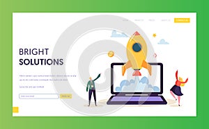 Creative Startup Rocket Launch Landing Page. Business People Character Start Successful Project Development. Innovation photo