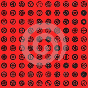 Creative steampunk seamless texture design. Clockwork gears vector infinite cogwheel pattern on red background