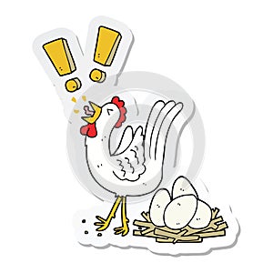 A creative sticker of a cartoon chicken laying egg