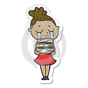 A creative sticker of a cartoon crying woman with stack of books