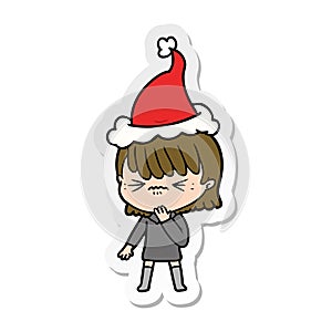 A creative sticker cartoon of a girl regretting a mistake wearing santa hat