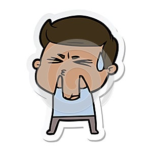 A creative sticker of a cartoon man sweating