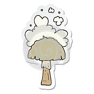 A creative sticker of a cartoon mushroom with spore cloud