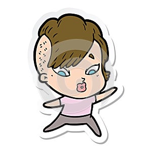 A creative sticker of a cartoon surprised girl pointing