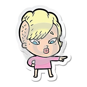 A creative sticker of a cartoon surprised girl pointing