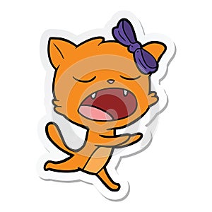 A creative sticker of a cartoon yawning cat
