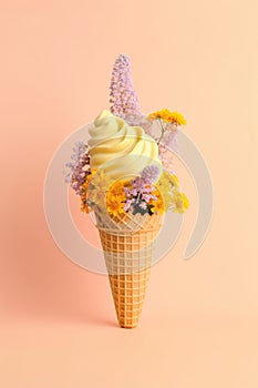 Creative still life with vanilla ice cream in waffle cone decorated with flowers.
