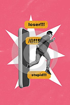 Creative strange banner poster collage of blogger man suffer cyberbully network escape cell smart gadget haters run away