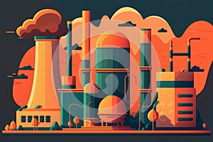 Creative  style graphic of a nuclear power plant with reactors and pipes, steam and cooling water flowing