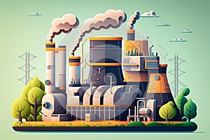 Creative  style graphic of a nuclear power plant with reactors and pipes, steam and cooling water flowing