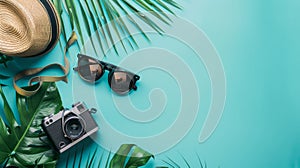 Creative summer background with camera, hat, sunglasses, tropical plants and leaves