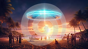 Creative summer background with UFO above the beach party, neural