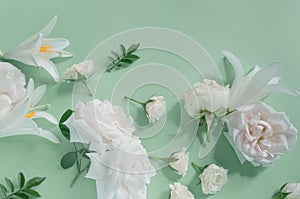 Creative summer composition made of rose and lily flowers on pastel green background. Beautiful floral layout. Nature concept. Top