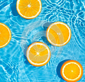 Creative summer composition made of sliced orange in transparent pool water. Refreshment concept. Healthy refreshing drink theme.