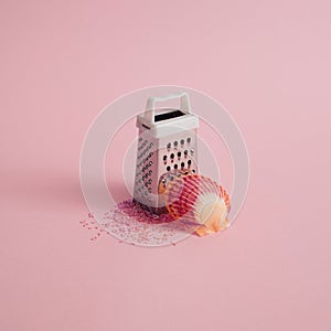 Creative summer concept with sea shell, grater and tiny glitter hearts. Minimal compositon on pastel pink background