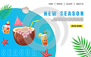 Creative summer landing page design in trendy colors with cocktails and summer drinks. Web page design. Vector template. Modern