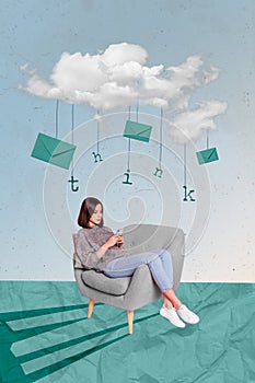 Creative surreal image picture collage of lady using smart cell gadget blogging receive send emails from letters