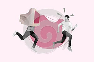 Creative surreal template collage of two business people running away from person with personal computer face escape