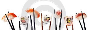 Creative sushi rolls on bamboo chopstick isolated on white background. Japanese luxury cuisine menu