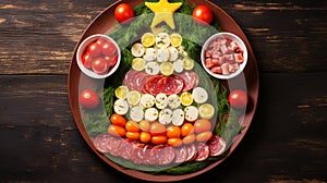 Creative table setting for the holiday, a Christmas tree made of food. Cheese eggs sausage and tomatoes on a plate