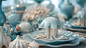 Creative Table Setting with Jellyfish-Inspired Dinnerware. Ceramic Set tableware with jellyfish.