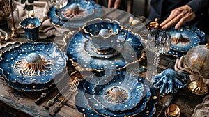 Creative Table Setting with Jellyfish-Inspired Dinnerware. Ceramic Set tableware with jellyfish.