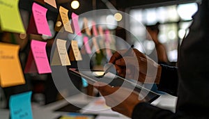Creative Team Brainstorming with Sticky Notes and Tablets in Trendy Co-Working Space photo