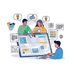 Creative Team Collaboration on Web Design Project with Idea Generation and User Interface Planning Flat style 2D illustration