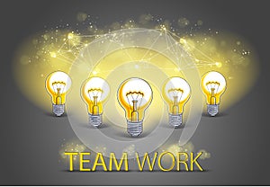 Creative team concept, group of five shining light bulbs represents idea of creative people teamwork having ideas working together