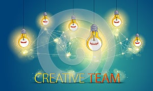 Creative team concept, group of five shining light bulbs represents idea of creative people teamwork having ideas working together