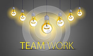 Creative team concept, group of five shining light bulbs represents idea of creative people teamwork having ideas working together