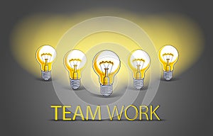 Creative team concept, group of five shining light bulbs represents idea of creative people teamwork having ideas working together