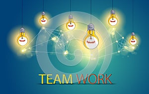 Creative team concept, group of five shining light bulbs represents idea of creative people teamwork having ideas working together