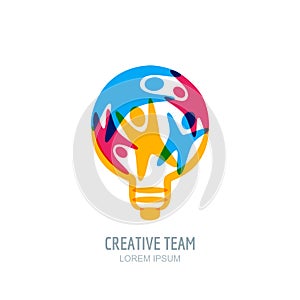 Creative team concept. People in light bulb shape. Vector human logo, icon, emblem design. Creativity, education theme.