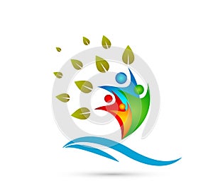 Creative Team People Family tree with water wave happy people together concept logo.