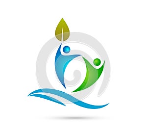 Creative Team People green leaf with water wave, happy people together concept logo.