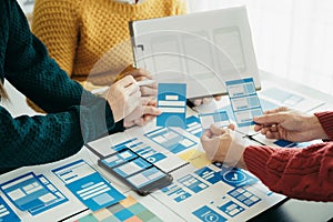 Creative team web designer planning application development for web mobile phone, laptop, smartphone and digital tablet at modern