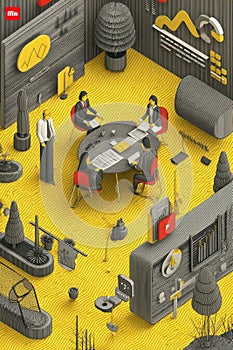 Collaborative team meeting with creative visuals and analytics on a vibrant background